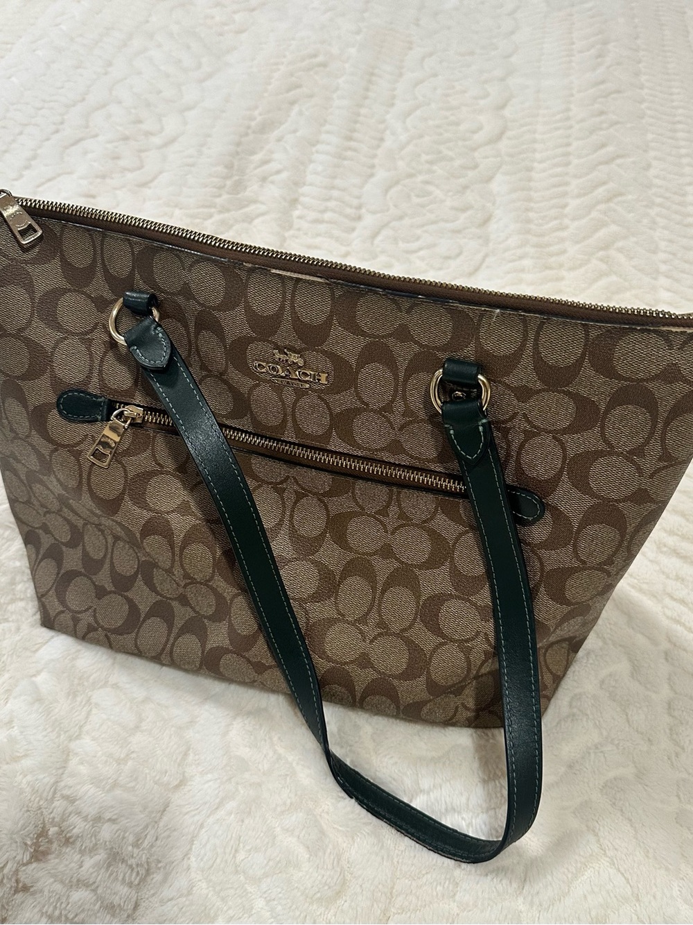 Coach Brown Signature Tote with Dark Green Trim